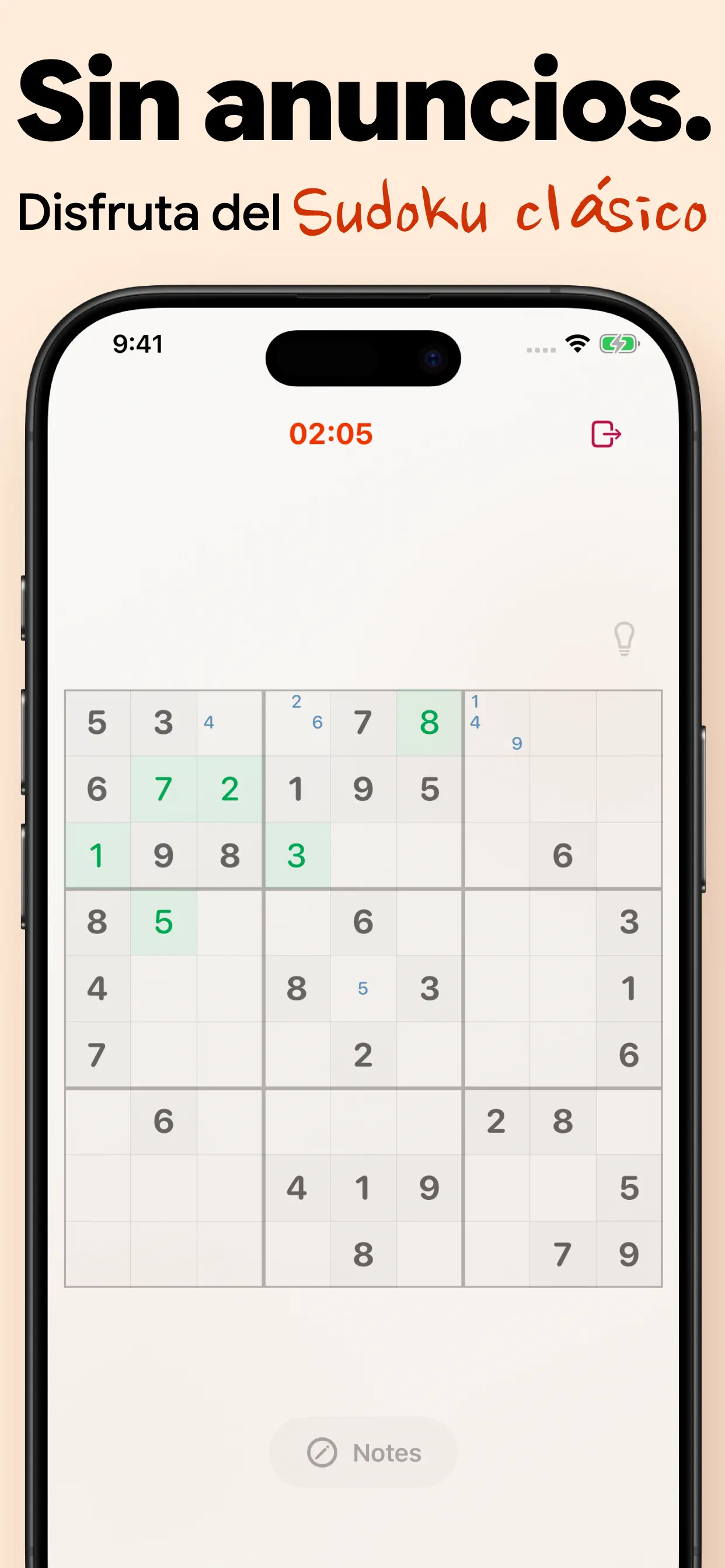 Sin anuncios, disfruta del sudoku clásico: un tablero 9x9 limpio con cronómetro y notas, sin ventanas emergentes