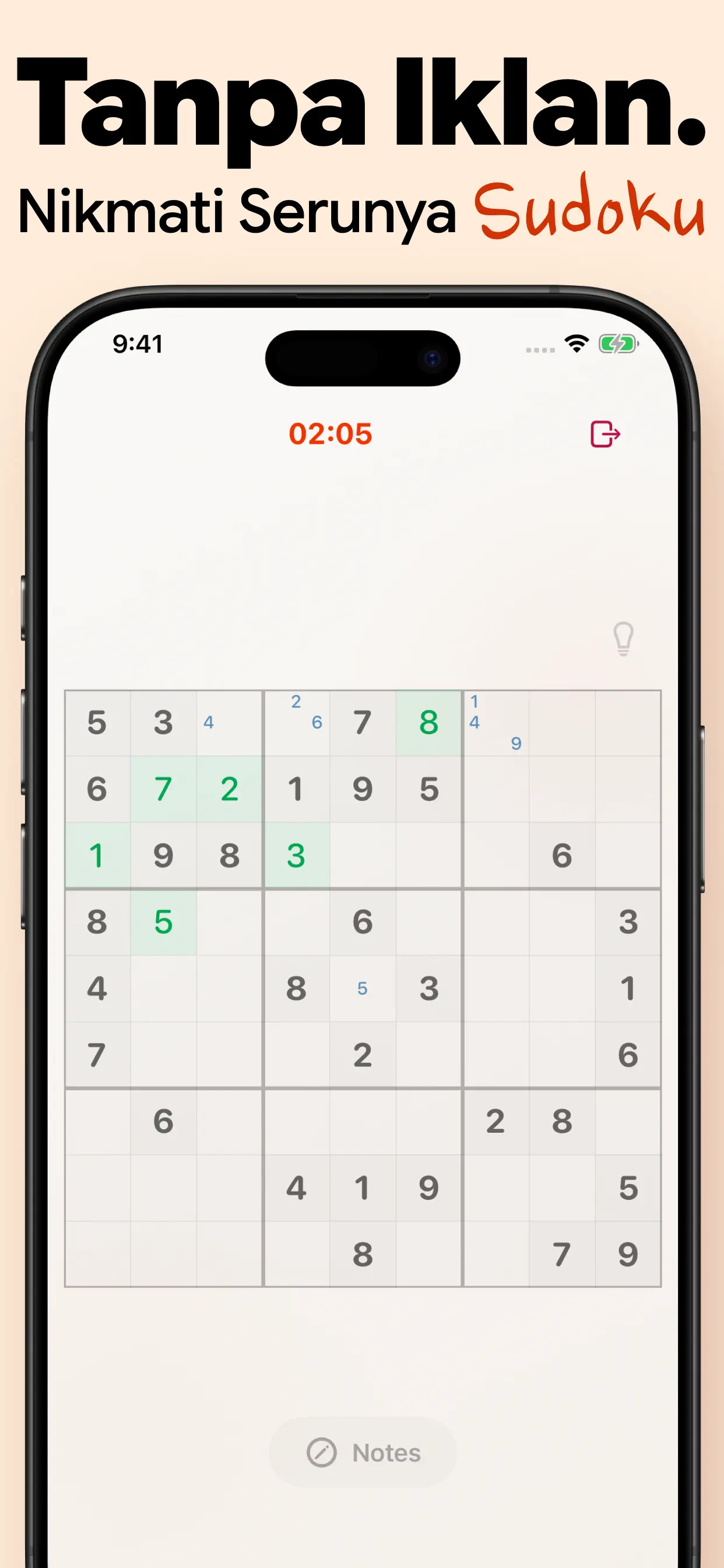 Sudoku klasik tanpa iklan: papan 9×9 yang bersih dengan timer dan catatan, tanpa pop-up