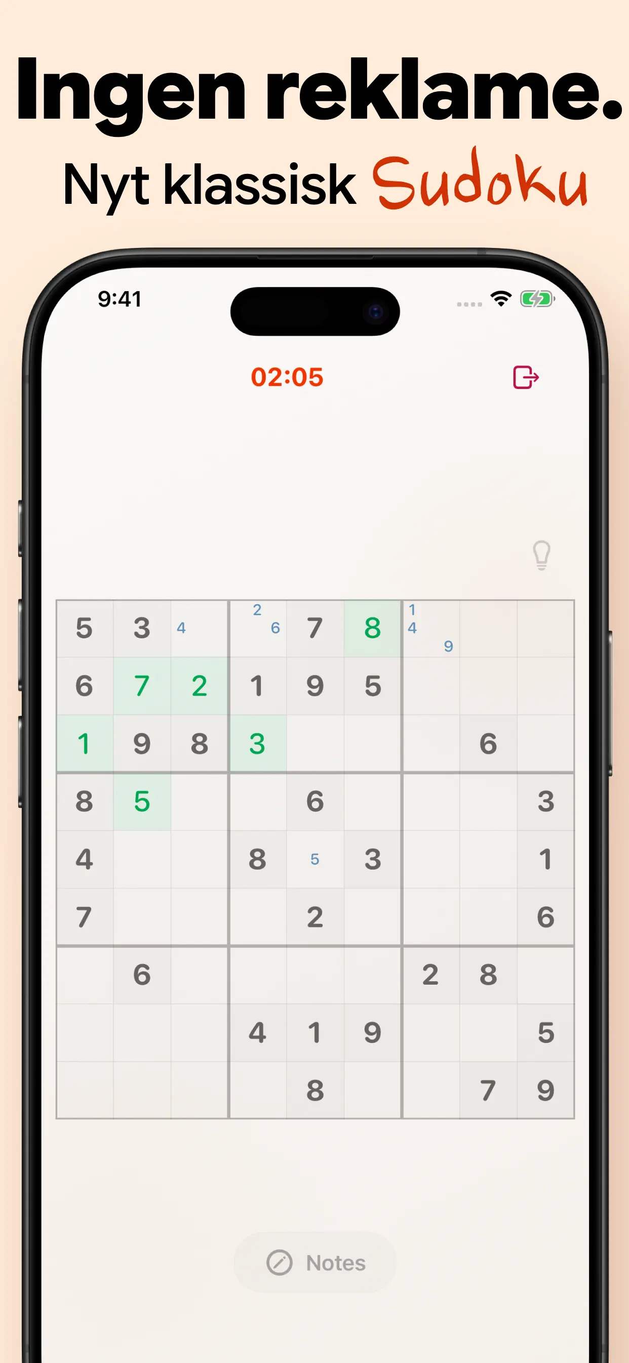 Klassisk sudoku uten reklame: et rent 9×9-brett med tidtaker og notater, helt uten pop-ups