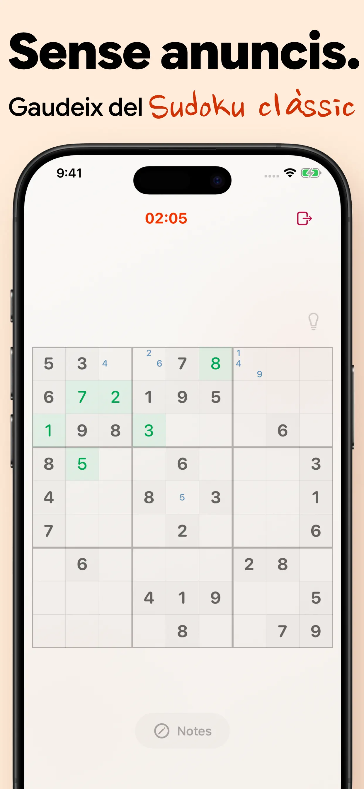 Sudoku clàssic sense anuncis: un tauler net de 9×9 amb cronòmetre i notes, sense finestres emergents