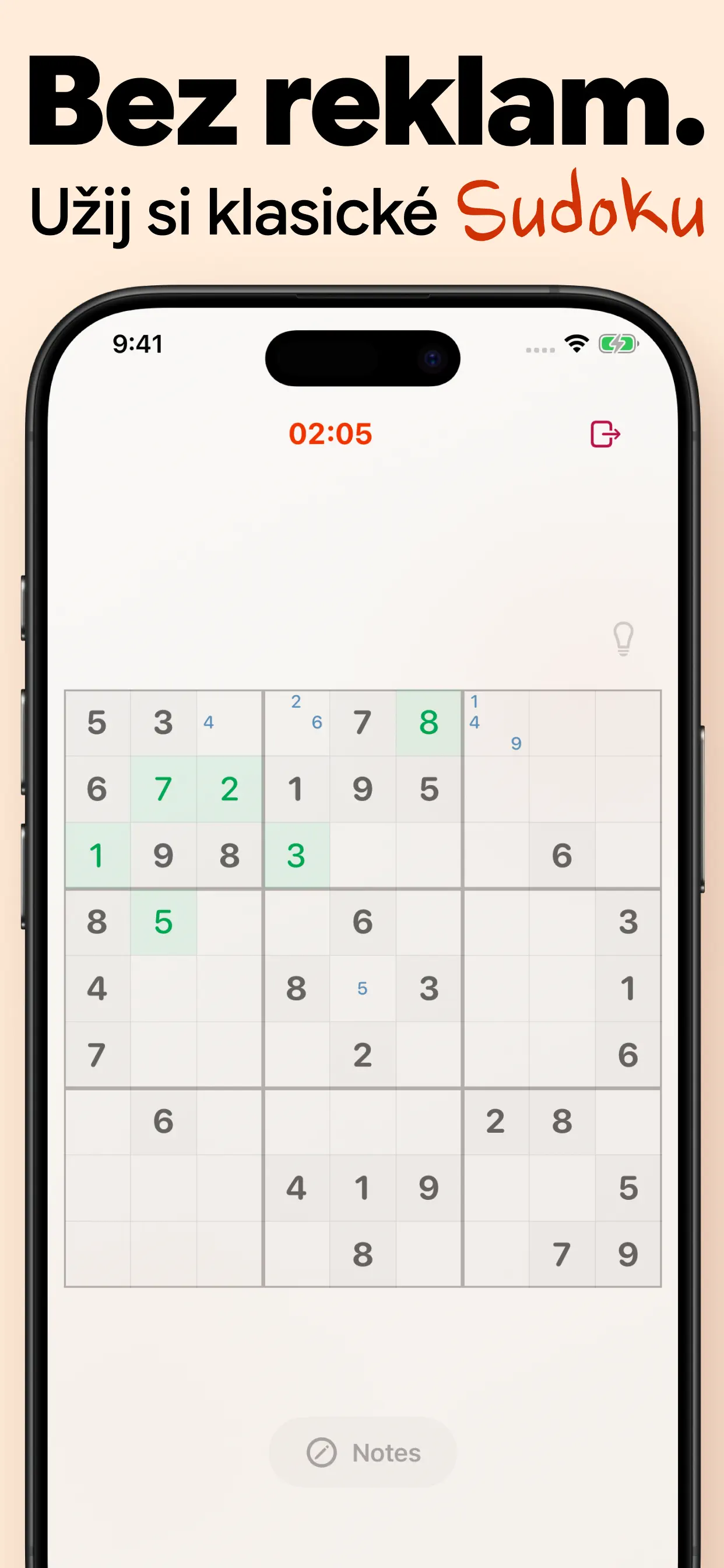 Klasické sudoku bez reklam: přehledná mřížka 9×9 s časomírou a poznámkami, bez vyskakovacích oken
