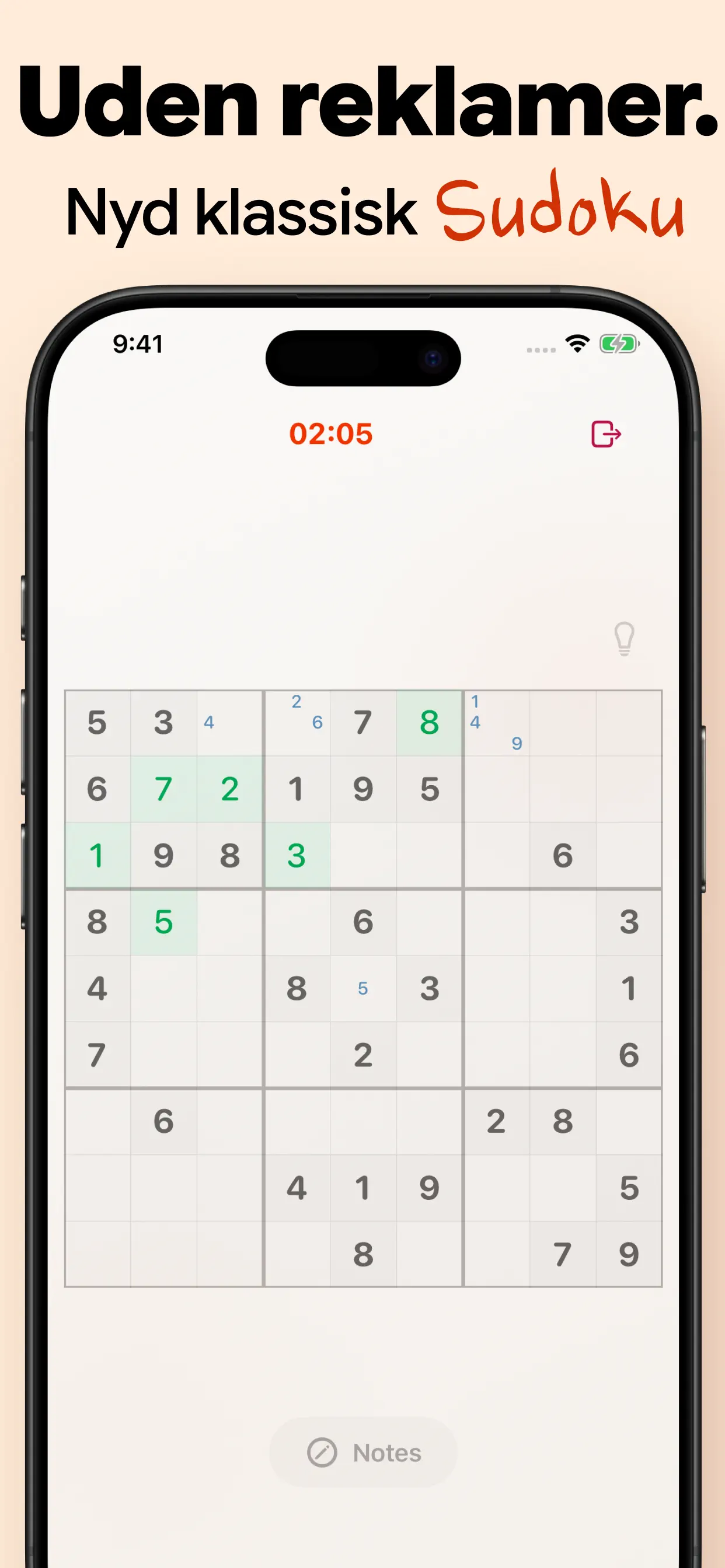 Klassisk sudoku uden reklamer: en ren 9×9-plade med ur og noter, helt uden pop op-vinduer