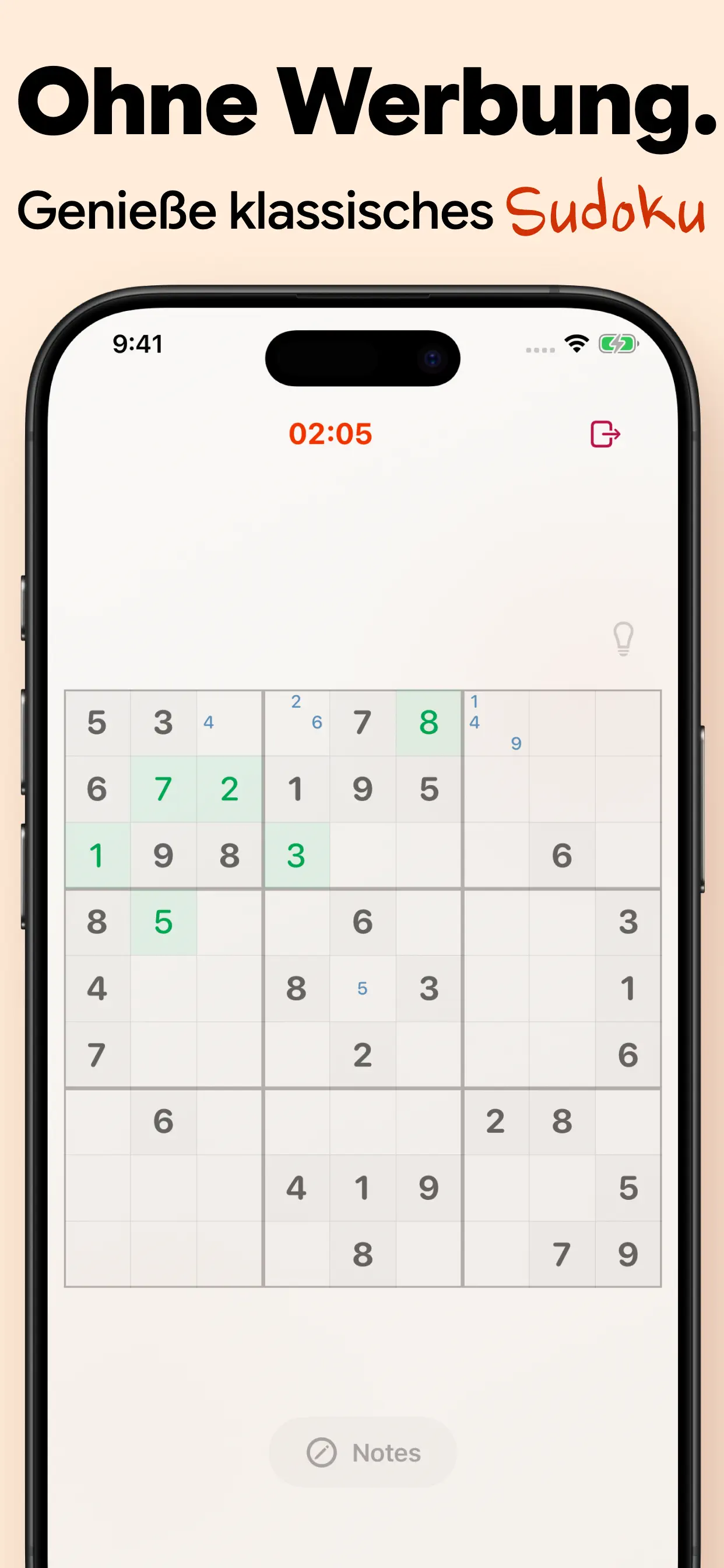 Klassisches Sudoku ohne Werbung: ein klares 9×9-Spielfeld mit Timer und Notizen, ganz ohne Pop-ups