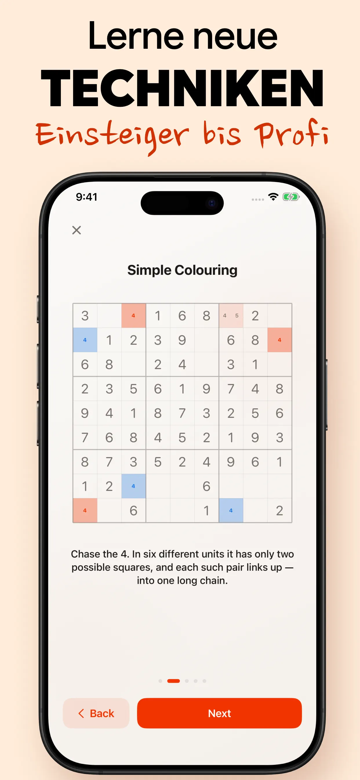 Neue Techniken lernen, vom Einsteiger bis zum Profi: eine Lektion führt Schritt für Schritt durch eine Sudoku-Technik