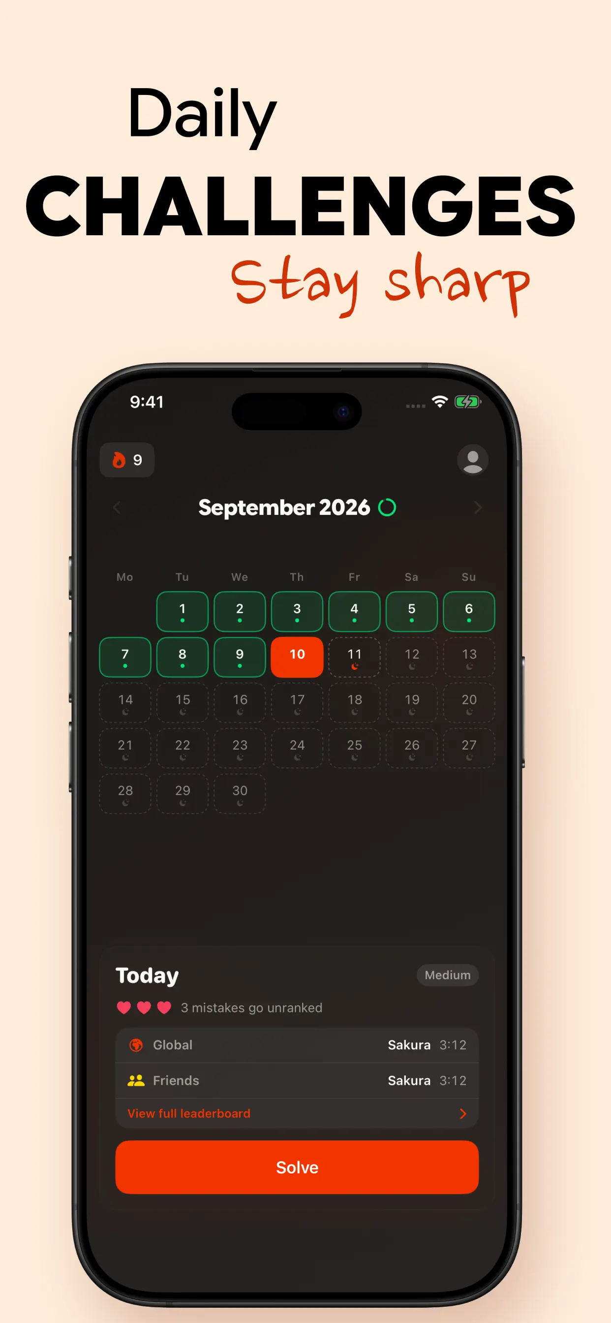 Daily challenges: a monthly calendar of solved days with today's puzzle and its global and friends leaderboard