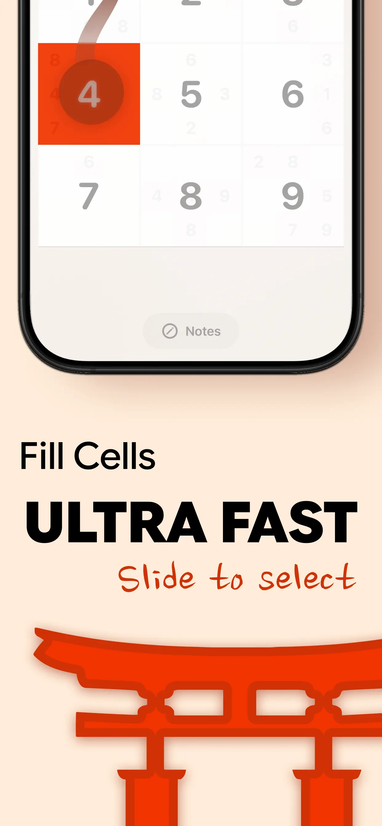Fill cells ultra fast with slide to select: the nine digits laid out over the board, with 4 picked