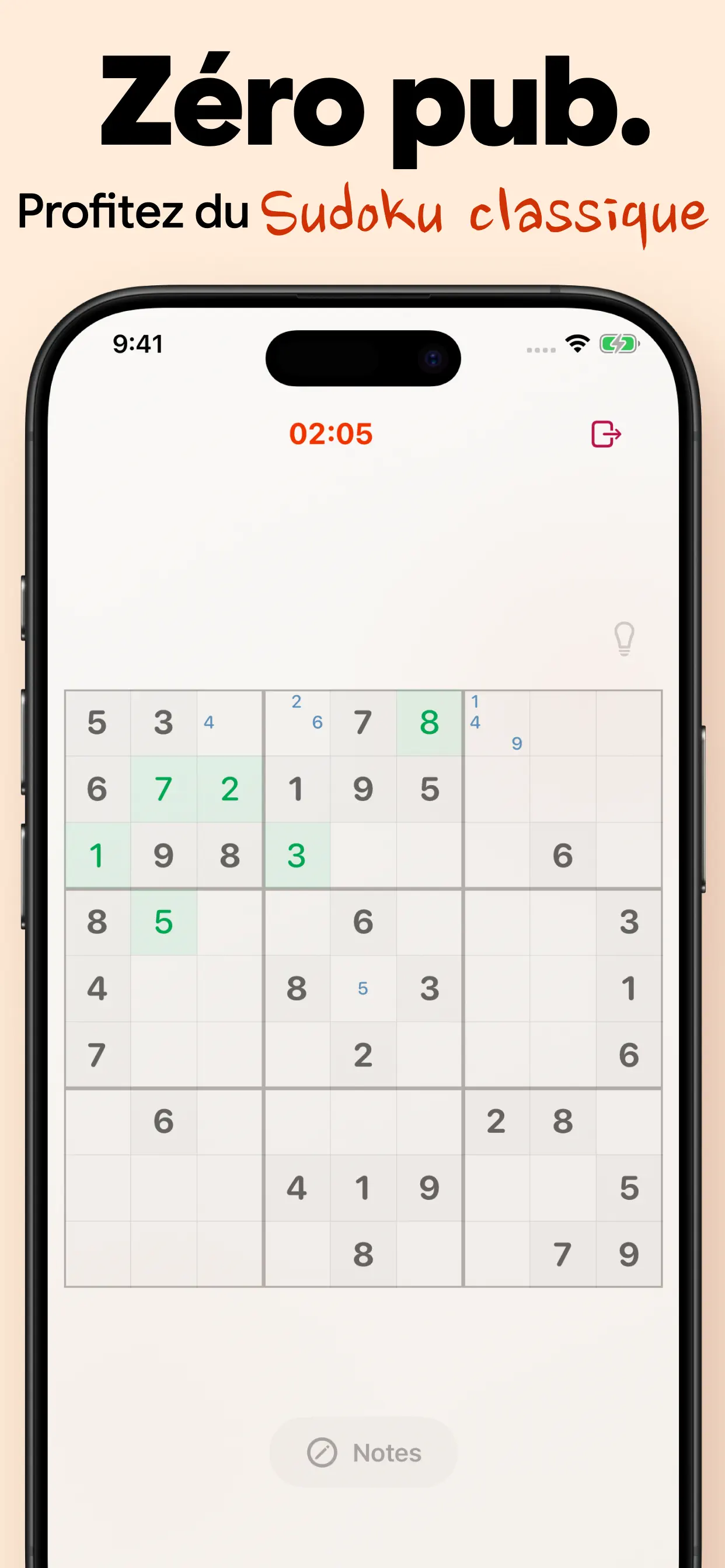 Sudoku classique sans pub : une grille 9×9 épurée avec chronomètre et notes, sans aucun pop-up
