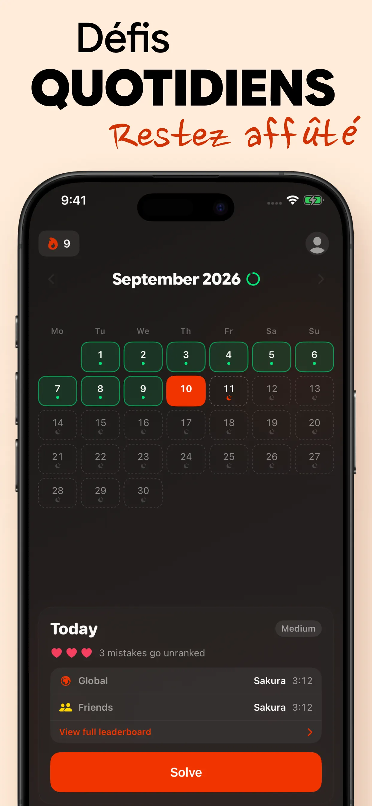 Un puzzle par jour : un calendrier mensuel avec les jours résolus, et le Défi du jour avec classement entre amis et dans le monde entier