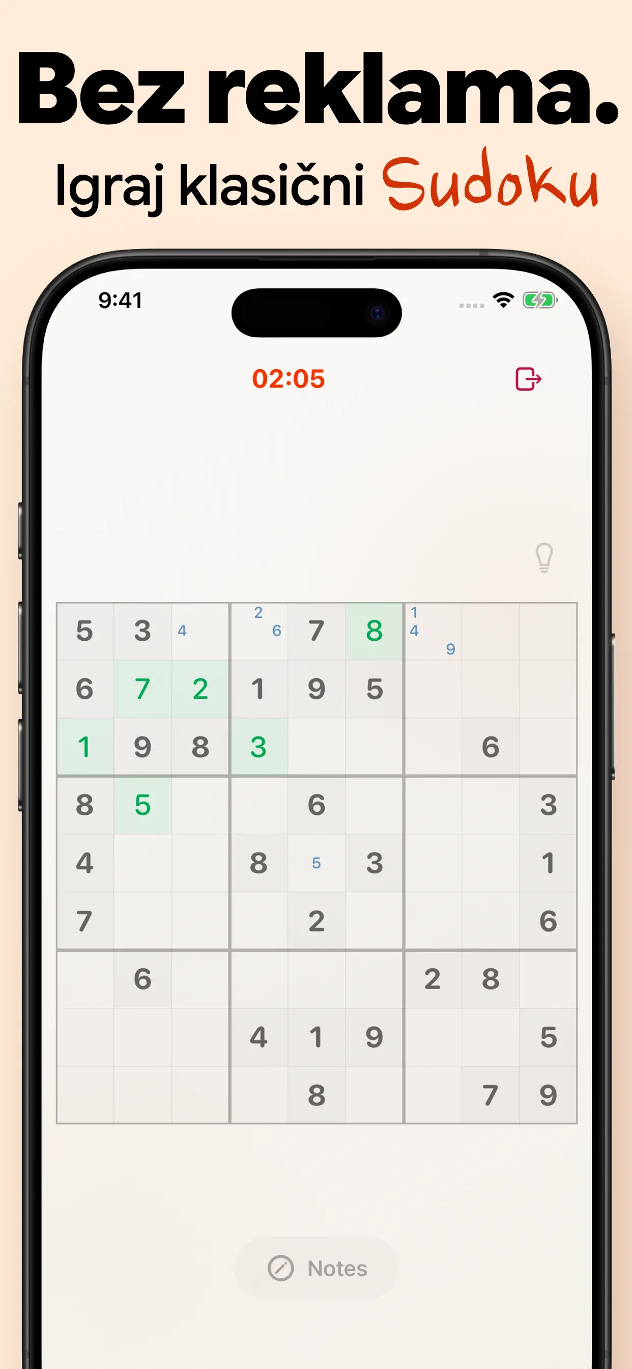 Klasični sudoku bez reklama: čista ploča 9×9 s tajmerom i bilješkama, bez skočnih prozora