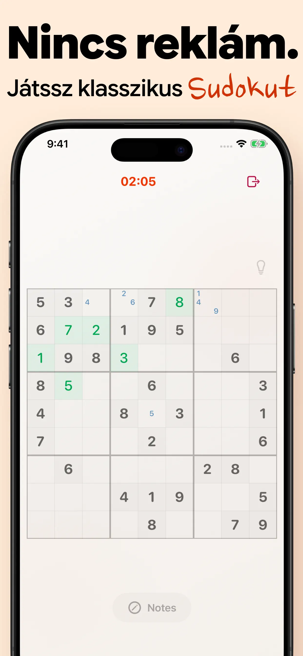 Klasszikus sudoku reklám nélkül: tiszta 9×9-es tábla időmérővel és jegyzetekkel, felugró ablakok nélkül