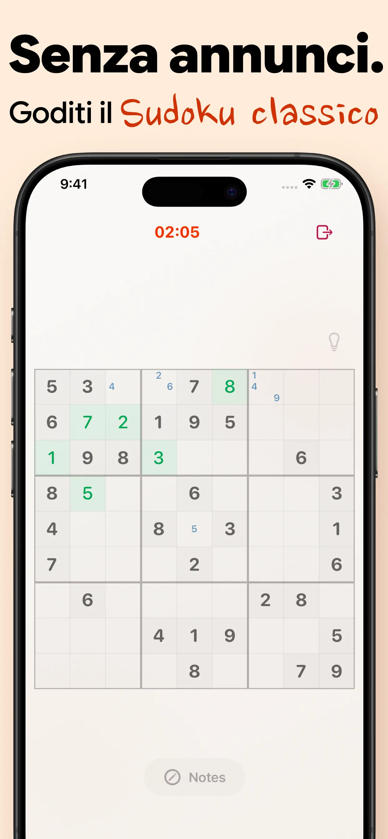 Senza pubblicità. Goditi il sudoku classico: una griglia 9x9 pulita con timer e appunti, senza pop-up