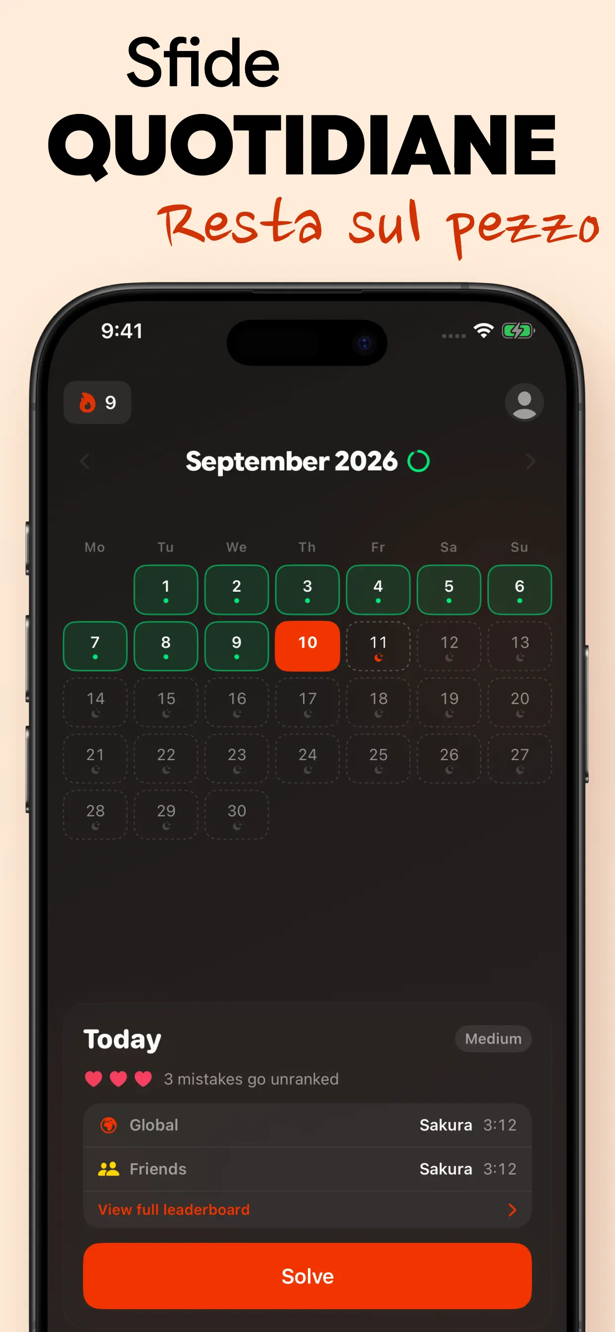 Sfide quotidiane: il calendario del mese con i giorni completati, il puzzle di oggi e le classifiche globale e amici