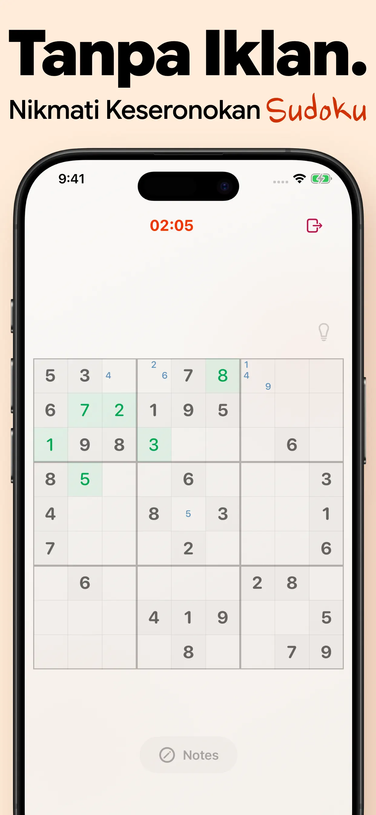 Sudoku klasik tanpa iklan: papan 9×9 yang kemas dengan pemasa dan nota, tanpa sebarang pop-up