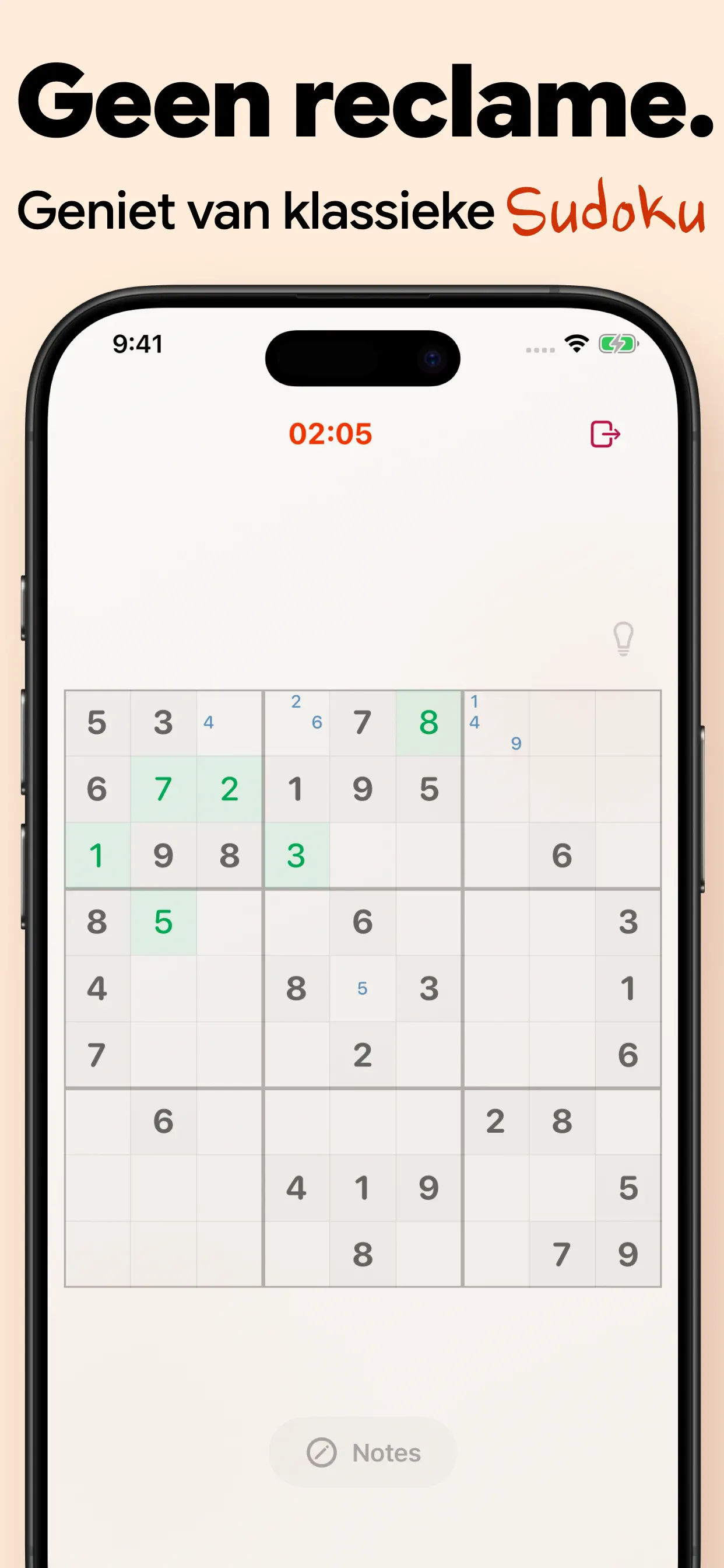 Klassieke sudoku zonder reclame: een helder 9×9-speelveld met timer en notities, zonder pop-ups
