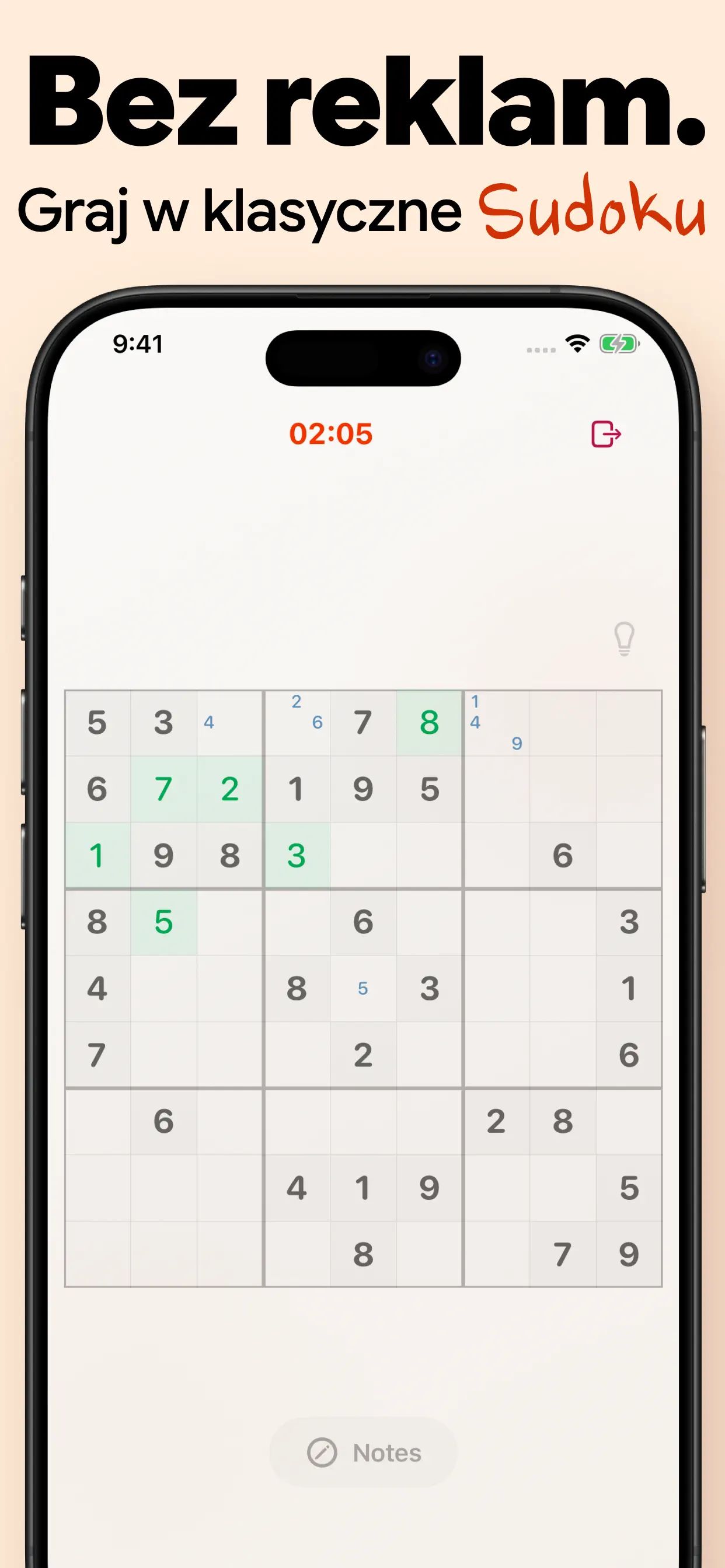 Klasyczne sudoku bez reklam: czytelna plansza 9×9 ze stoperem i notatkami, bez wyskakujących okienek