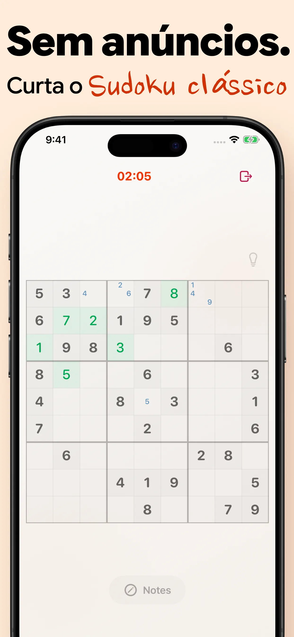 Sudoku clássico sem anúncios: um tabuleiro 9×9 limpo, com cronômetro e anotações, sem pop-ups