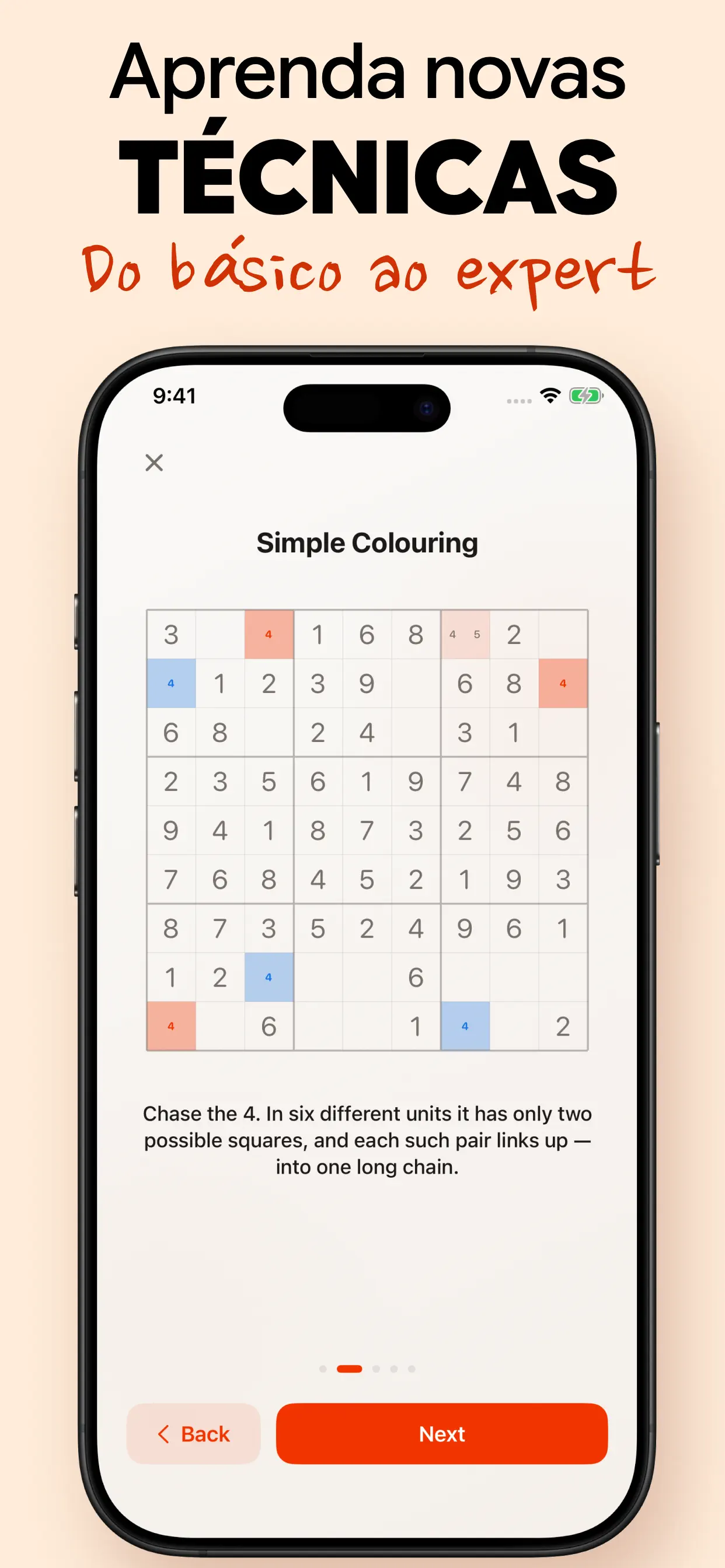 Aprenda novas técnicas, do fácil ao expert: uma lição passo a passo de Simple Colouring em um tabuleiro de sudoku