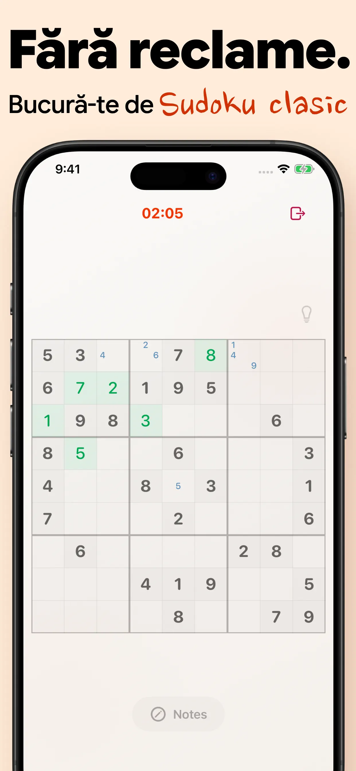 Sudoku clasic fără reclame: o tablă clară de 9×9 cu cronometru și notițe, fără pop-up-uri