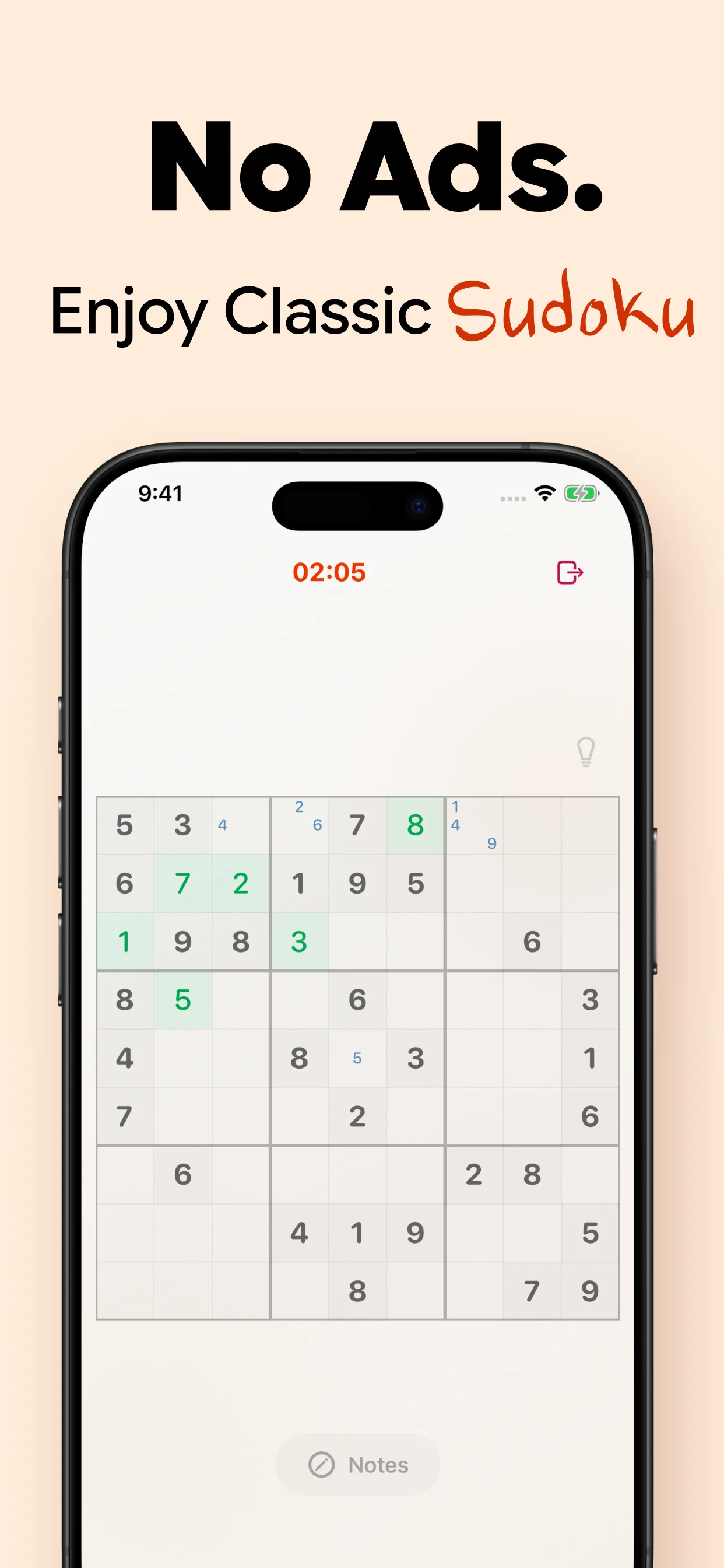 No ads, enjoy classic sudoku: a clean 9x9 board with a timer and notes, no pop-ups