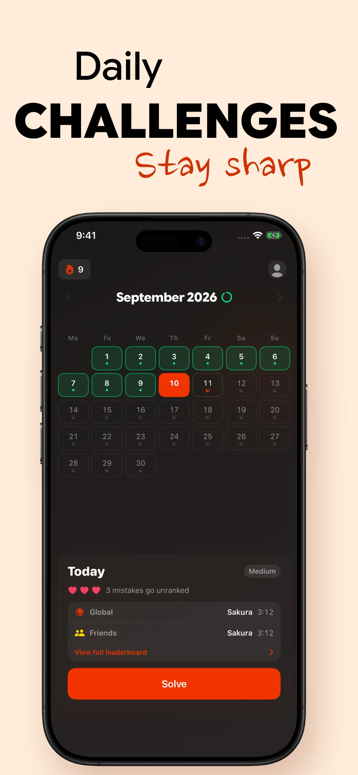 Daily challenges: a monthly calendar of solved days with today's puzzle and its global and friends leaderboard