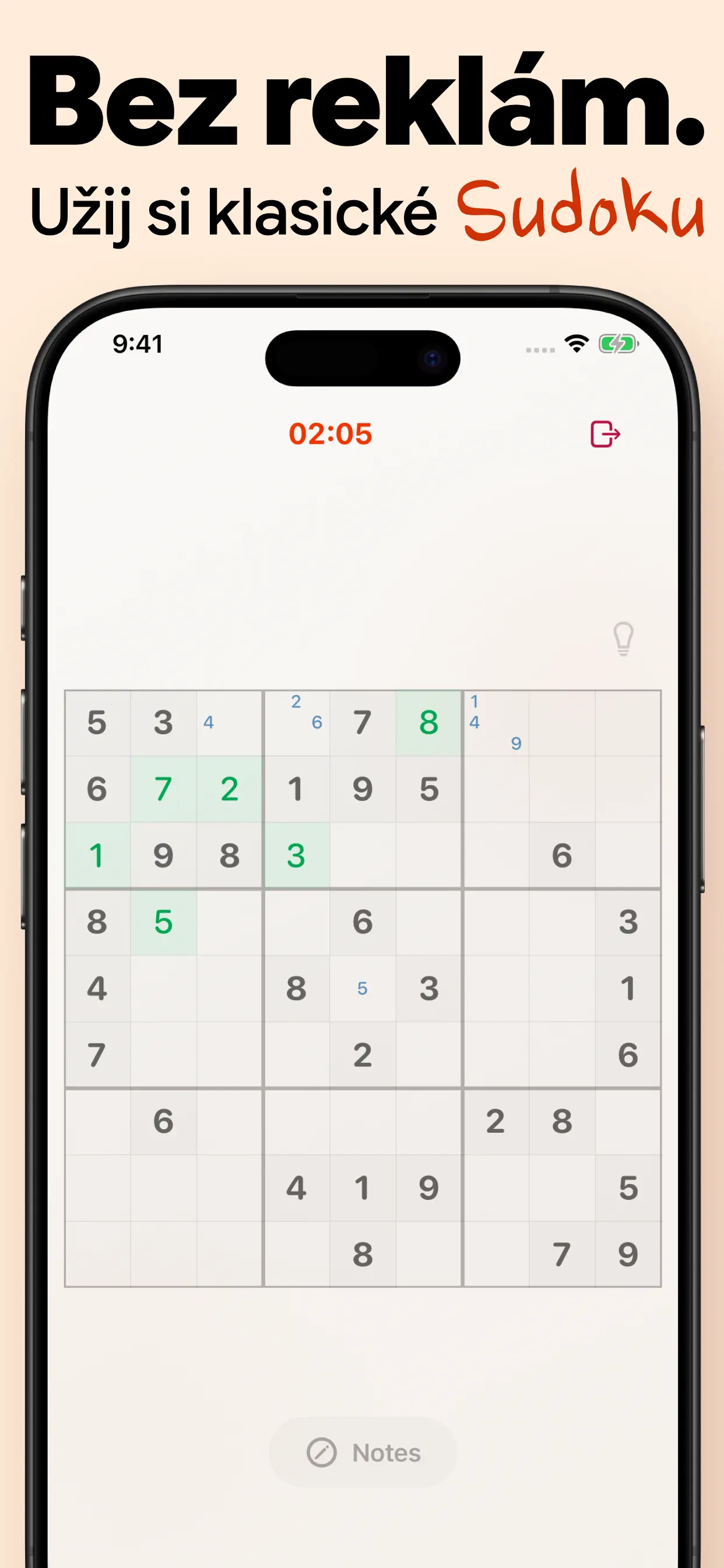 Klasické sudoku bez reklám: prehľadná mriežka 9×9 s časovačom a poznámkami, úplne bez vyskakovacích okien