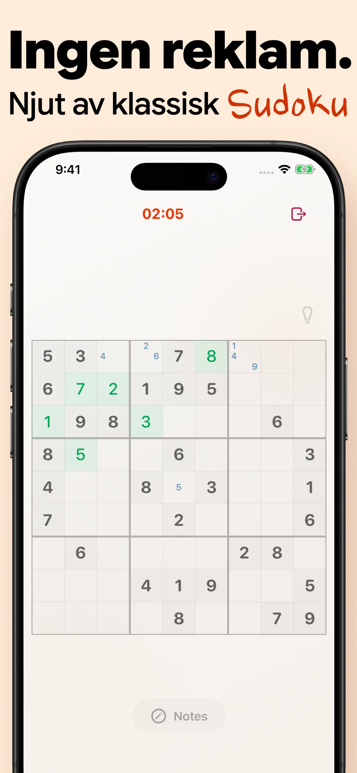 Klassiskt sudoku utan reklam: en ren 9×9-spelplan med timer och anteckningar, helt utan popup-fönster
