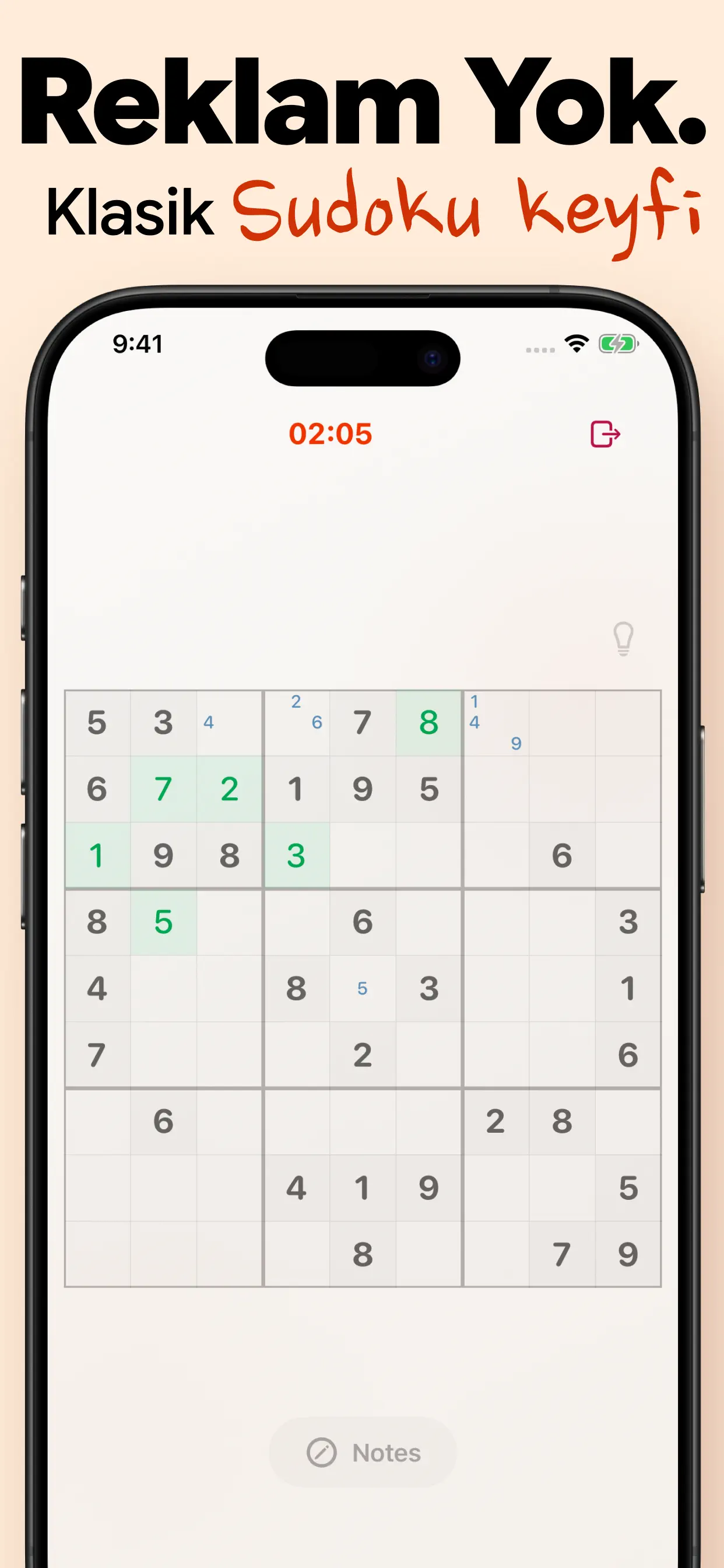 Reklam yok, klasik sudoku keyfi: zamanlayıcı ve notlarla tertemiz bir 9x9 tahta, açılır pencere yok