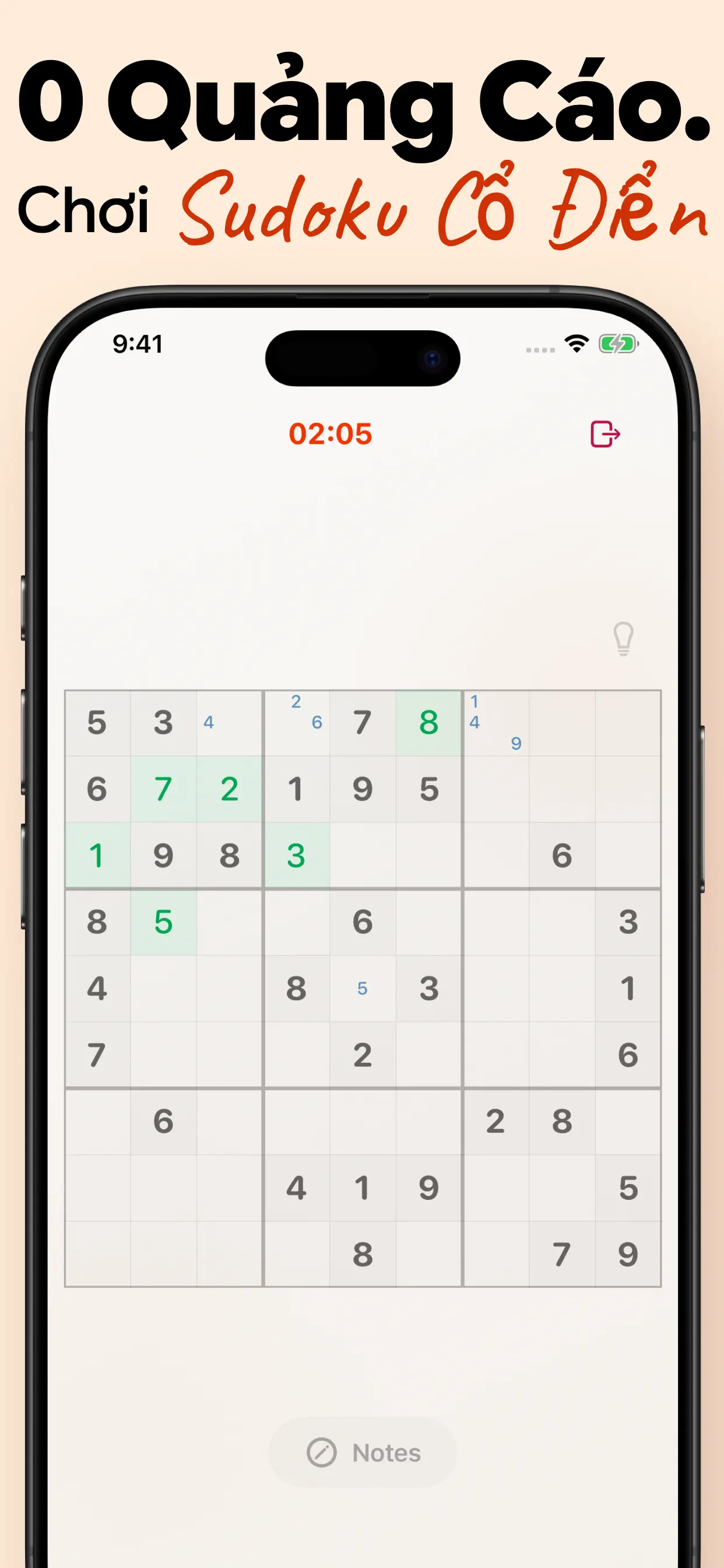Sudoku cổ điển không quảng cáo: bàn cờ 9×9 gọn gàng với đồng hồ và ghi chú, hoàn toàn không có pop-up
